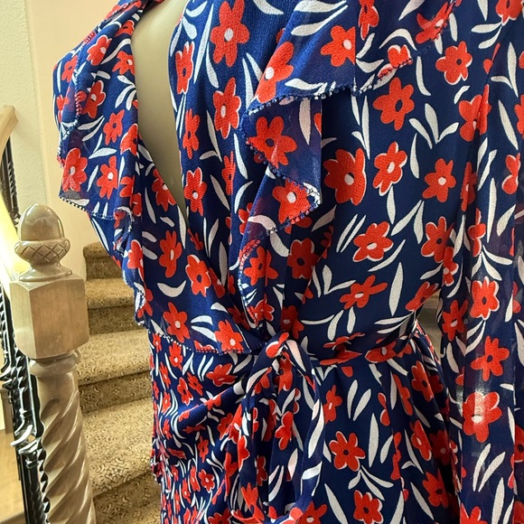ESCADA Sport Floral Ruffle Wrap Dress EU 38 Blue Red Long Sleeve Midi MSRP $695 - Picture 8 of 11